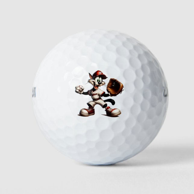 Goofy Cat Baseball Pitcher Winds Up Golf Balls (Front)