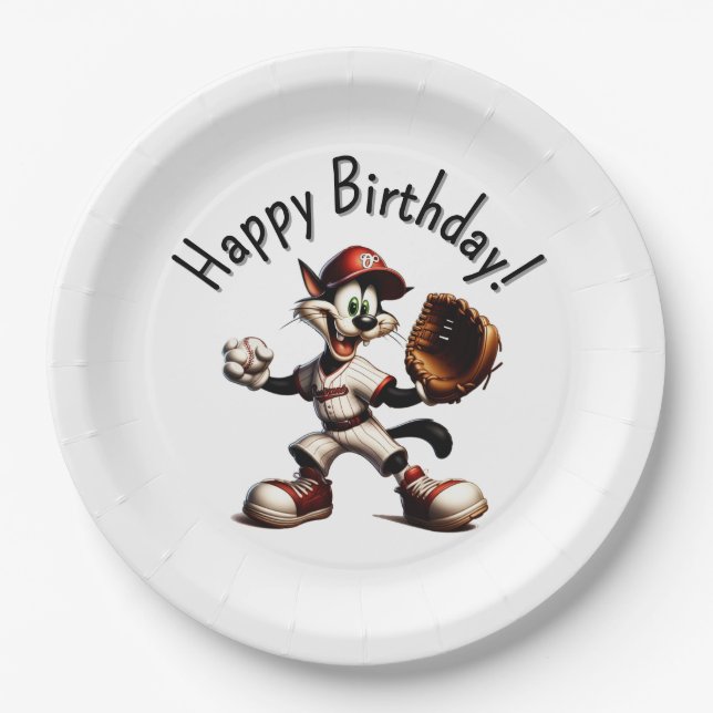 Goofy Cat Baseball Pitcher Winds Up Happy Birthday Paper Plate (Front)