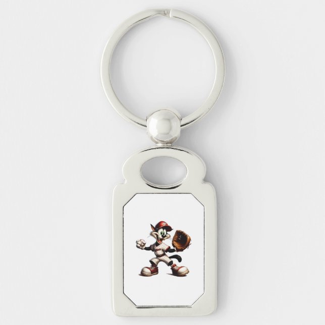 Goofy Cat Baseball Pitcher Winds Up Keychain (Front)