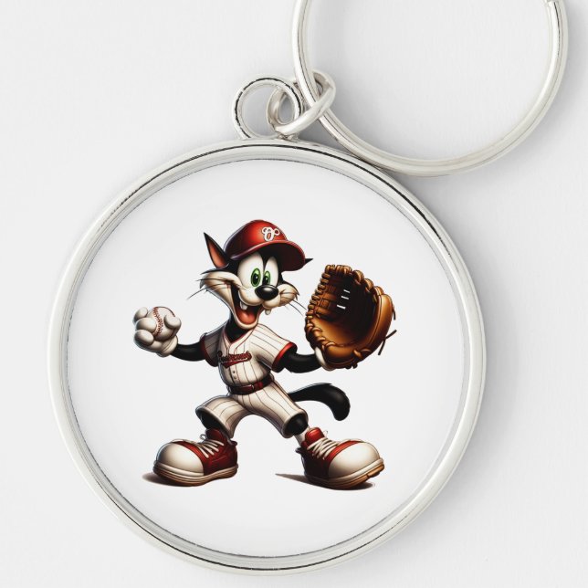 Goofy Cat Baseball Pitcher Winds Up Keychain (Front)