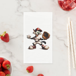 Goofy Cat Baseball Pitcher Winds Up Napkin