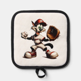 Goofy Cat Baseball Pitcher Winds Up Pot Holder