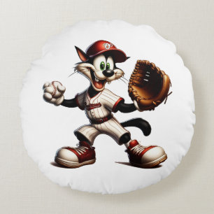 Goofy Cat Baseball Pitcher Winds Up Round Pillow