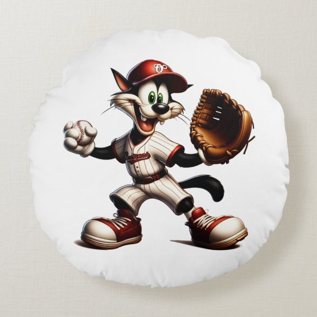 Goofy Cat Baseball Pitcher Winds Up Round Pillow (Front)