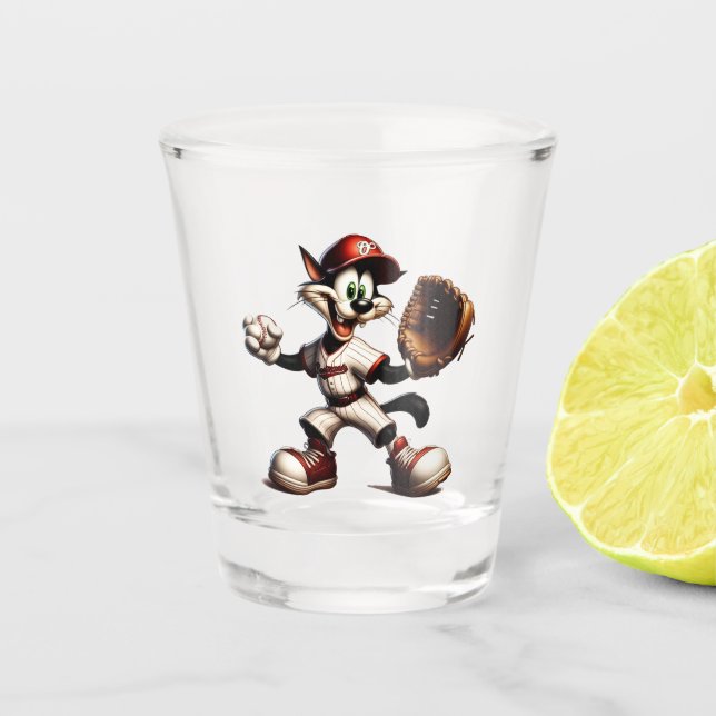 Goofy Cat Baseball Pitcher Winds Up Shot Glass (Front)
