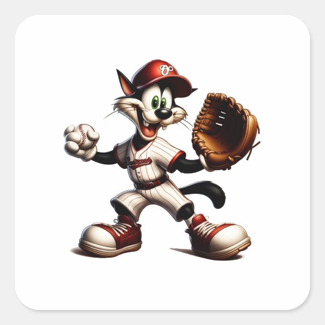 Goofy Cat Baseball Pitcher Winds Up Square Sticker (Front)