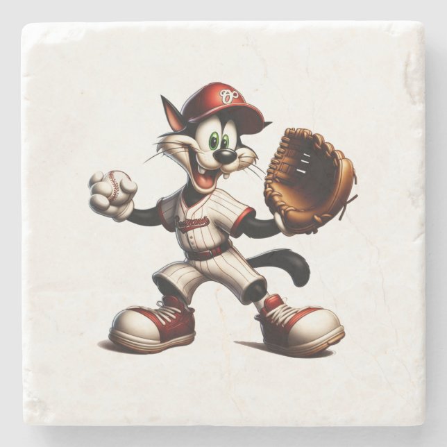 Goofy Cat Baseball Pitcher Winds Up Stone Coaster (Front)