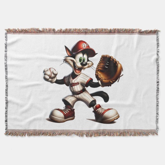 Goofy Cat Baseball Pitcher Winds Up Throw Blanket (Front)