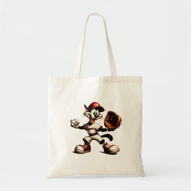 Goofy Cat Baseball Pitcher Winds Up Tote Bag (Front)