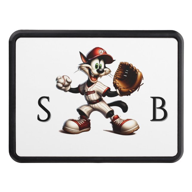 Goofy Cat Baseball Pitcher Winds Up Trailer Hitch Cover (Front)