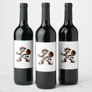 Goofy Cat Baseball Pitcher Winds Up Wine Label