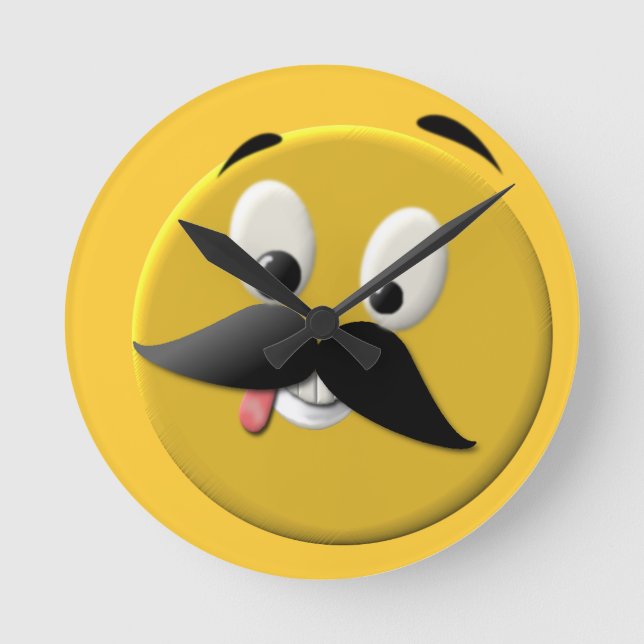 Goofy Happy Face with Moustache Round Clock (Front)