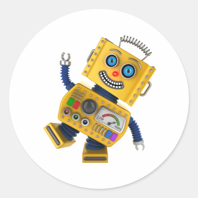 Goofy yellow toy robot classic round sticker (Front)