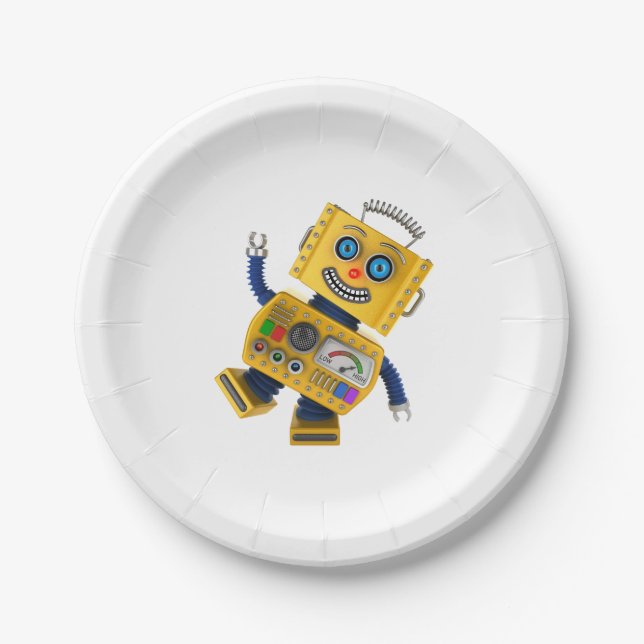 Goofy yellow toy robot paper plate (Front)