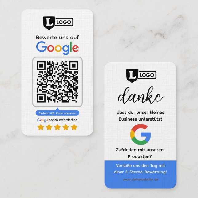 Google Bewertungskarte mit QR code Business Card  (Front/Back)