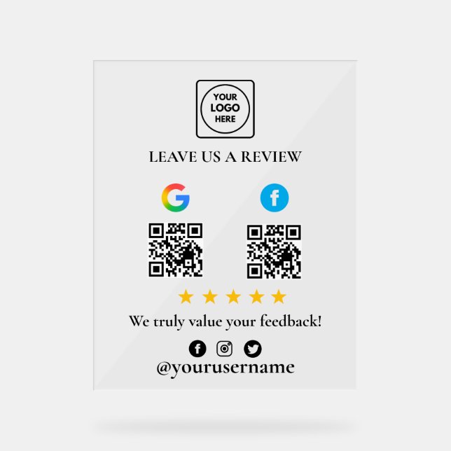 Google Facebook Review QR Acrylic Sign (Front)