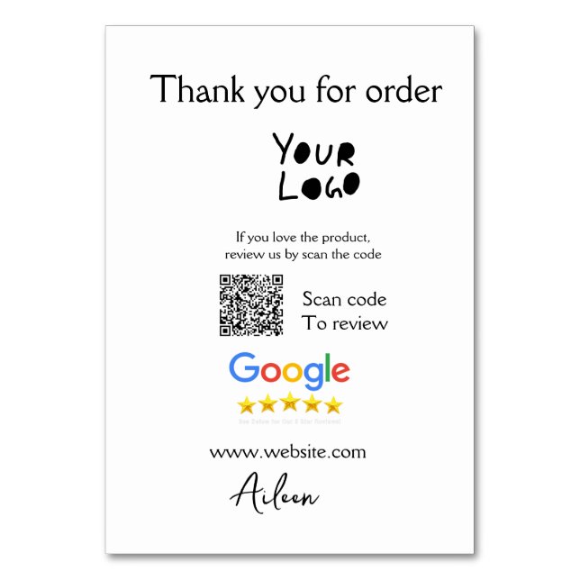 Google review business logo website scan QR code Table Number (Front)