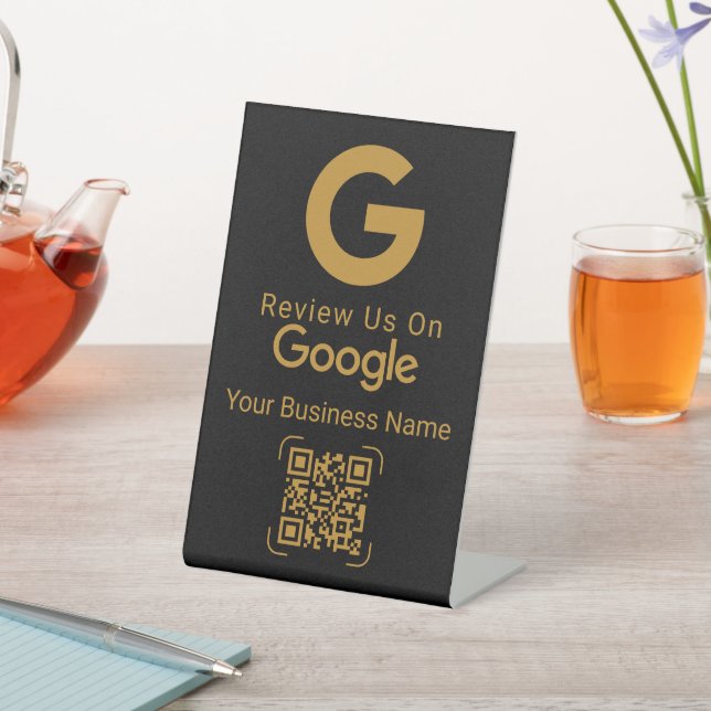Google Review QR Code Black Gold Pedestal Sign (In SItu)