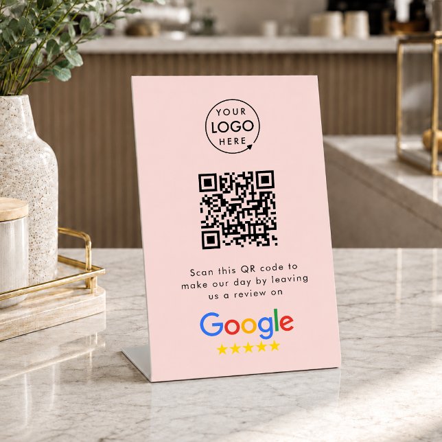 Google Review Request | QR Code Business Logo Pink Pedestal Sign (Gain Google reviews & grow your business with this editable call-to-action rating request signage.)