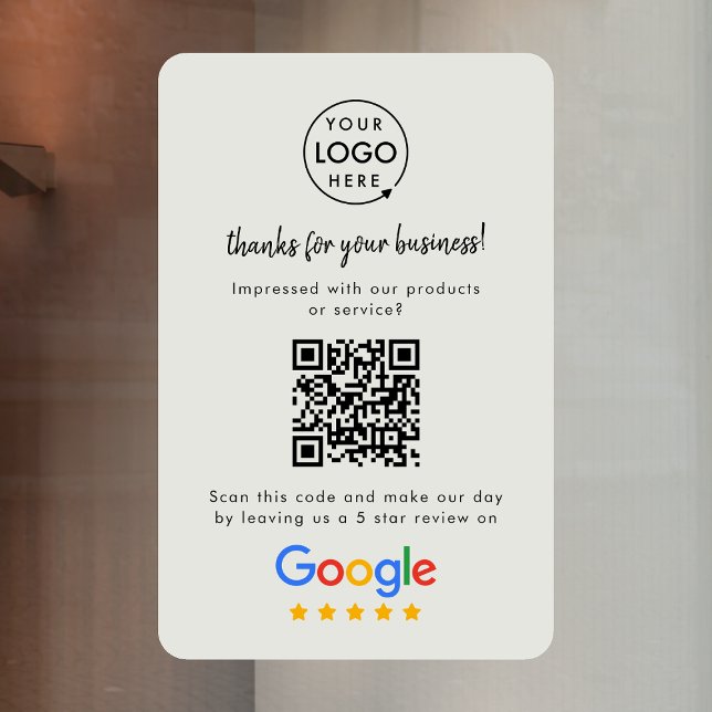 Google Reviews | Business Review Link QR Code Grey Window Cling (Google Review interactive QR code window cling branded with your company logo.)