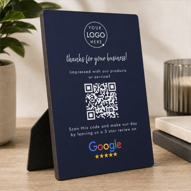 Google Reviews Business Review Link QR Code Navy Plaque (Google Review interactive QR code tabletop easel plaque sign branded with your company logo.)