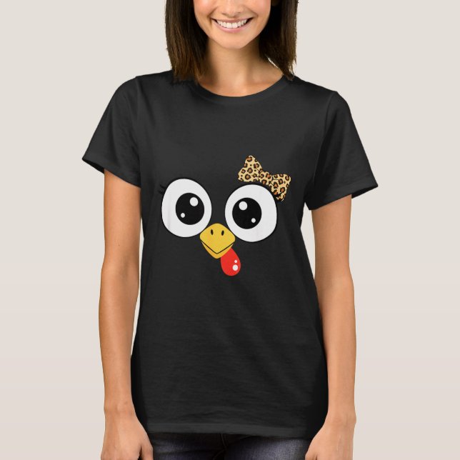 Googly-eyed Turkey With Leopard Bow, Funny Cartoon T-Shirt (Front)