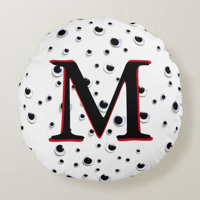 Googly Eyes Black and White Red Trendy Monogram Round Pillow (Front)