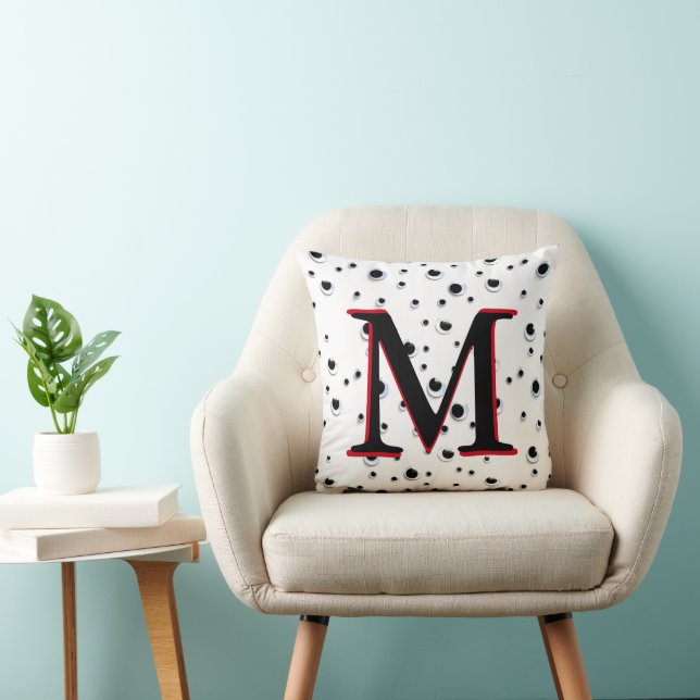 Googly Eyes Black and White Red Trendy Monogram Throw Pillow (Chair)