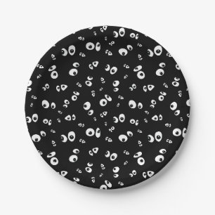 Googly Eyes in the Dark black and white Halloween Paper Plate