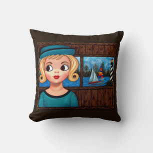 Googly Girl Sailor Head Vase Lighthouse Sailboat Throw Pillow