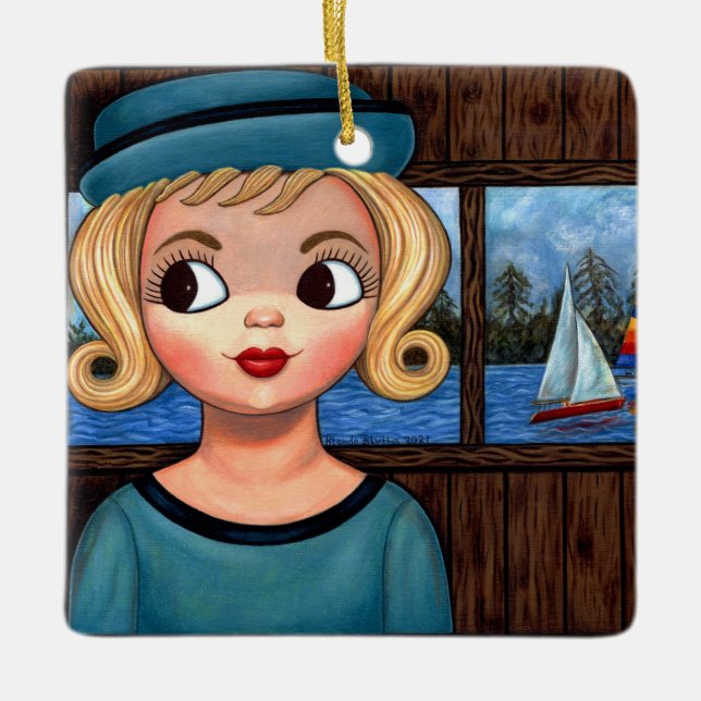 Googly Girl Sailor Head Vase Sailboat Cute Big Eye Ceramic Ornament (Front)