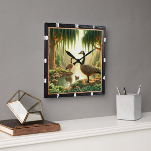 Goose and Ducks Rustic Square Wall Clock