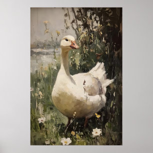 Goose antique print, spring digital painting poster
