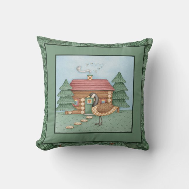 Goose at Cabin Throw Pillow (Front)