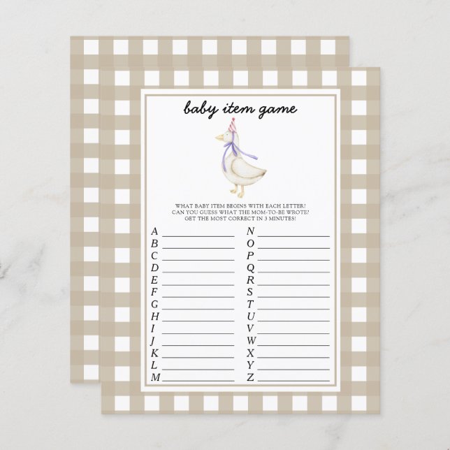 Goose Baby Item Game. Baby Shower Game (Front/Back)