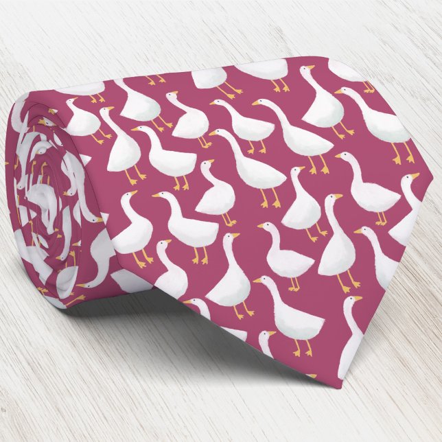 Goose Bird Pattern Berry Red Neck Tie (White goose geese pattern neck tie on a berry red background)