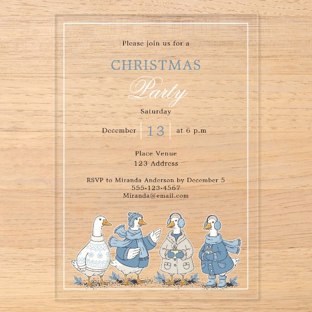 Goose blue clear Christmas Party Acrylic Invitations (Front)
