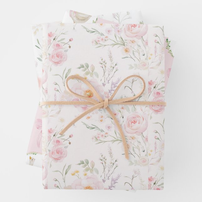Goose Blush pink Elegant Pastel Bow Birthday  Wrapping Paper Sheet (In situ)