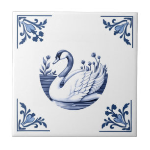 Goose Delft Blue and White Floral Corners Bird Tile