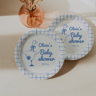 Goose Hand Drawn Blue Boy Classic Baby Shower Paper Plate