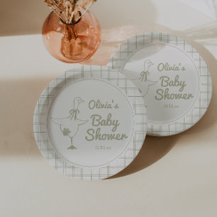 Goose Hand Drawn Neutral Ribbon Baby Shower Paper Plate