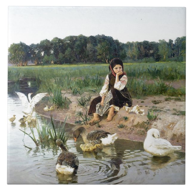 Goose Herder White Geese Animals Pond Tile (Front)