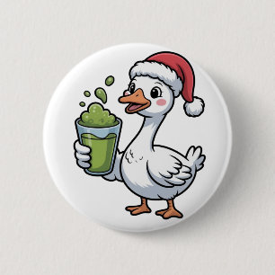Goose Holding Matcha Drink Wearing Santa Hat 2 Inch Round Button