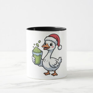 Goose Holding Matcha Drink Wearing Santa Hat Mug