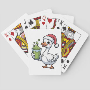 Goose Holding Matcha Drink Wearing Santa Hat Playing Cards