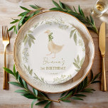 Goose nursery rhymes birthday party monogrammed paper plate<br><div class="desc">Goose nursery rhymes birthday party monogrammed paper plates template ,  pastel boho cute goose with a ribbon birthday party personalized paper plates  boho birthday party printed plates nursery rhymes party printed plates gender neutral birthday party customized paper plates personalized table decorations goose party supplies</div>