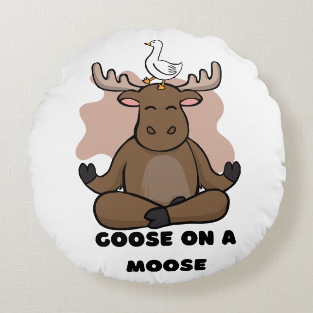 Goose on a Moose Animal Funny Round Pillow (Front)