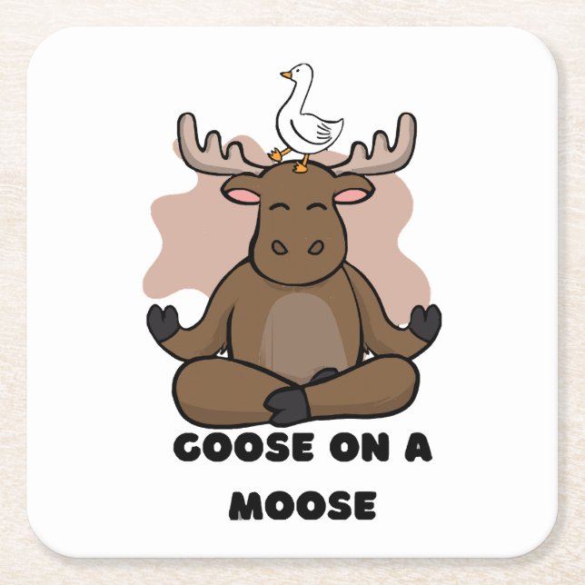 Goose on a Moose Animal Funny Square Paper Coaster (Front)