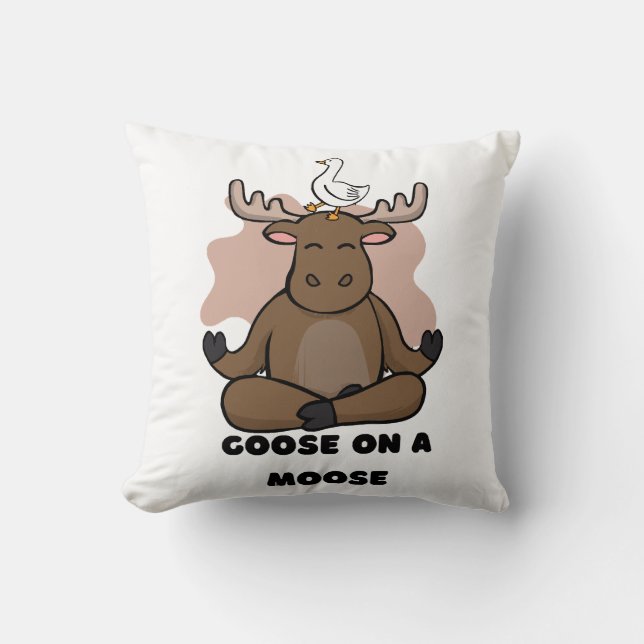 Goose on a Moose Animal Funny Throw Pillow (Front)