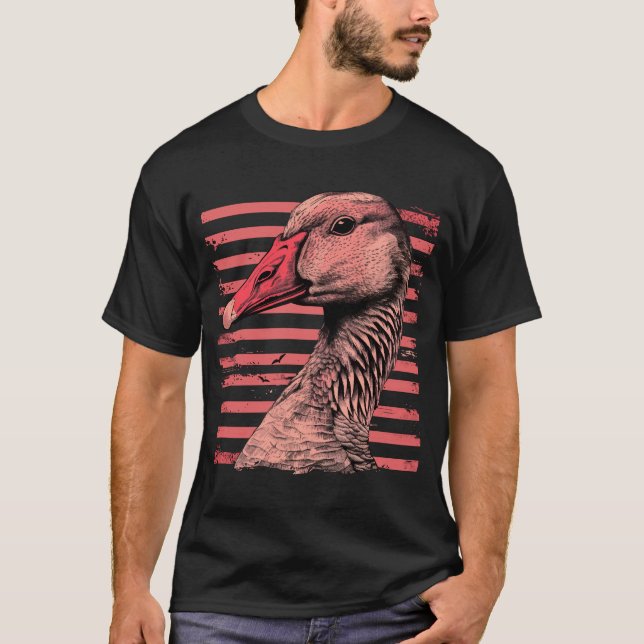Goose on pink vintage stripes T-Shirt (Front)